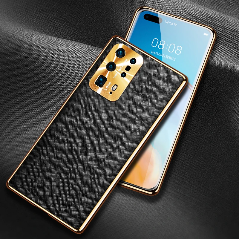 华为P40 Pro+高档手机壳十字纹皮套高端超薄电镀防摔商务高级感