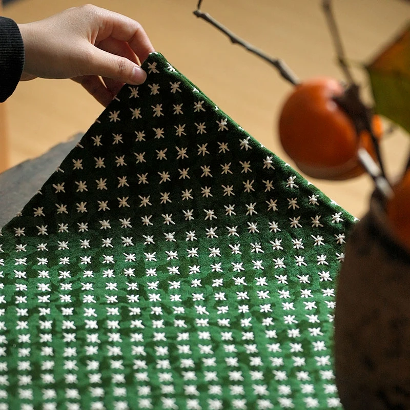 钟声刺绣 原创 绿底提花米字纹茶席长方垫 手工茶垫茶巾加厚隔热