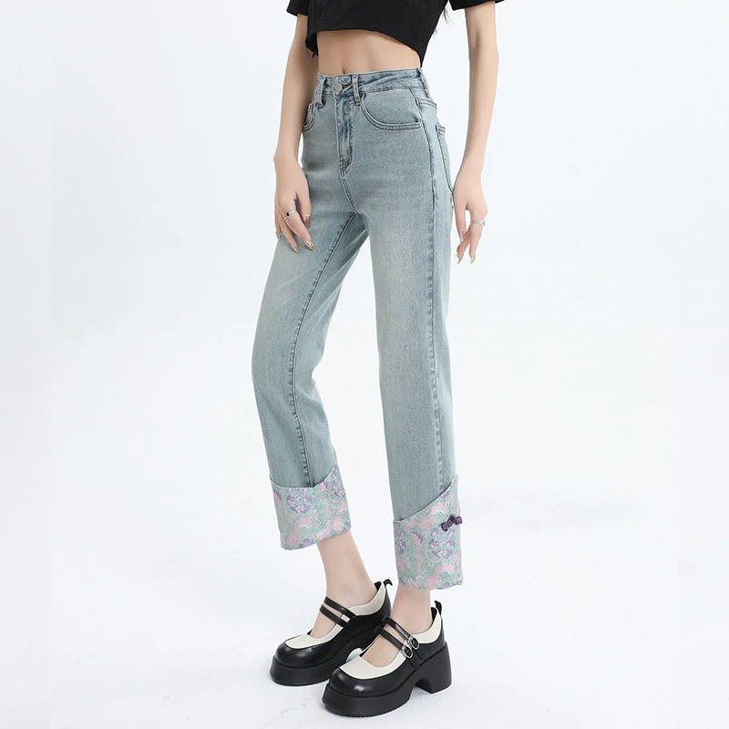 【MR审美】弹力时尚高腰新款国风小个子九分牛仔裤直筒烟管裤女