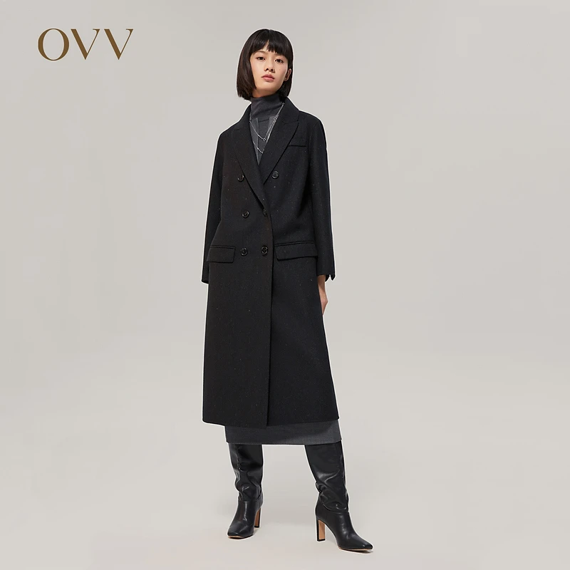 OVV秋冬热卖女装经典复古双排扣亚麻羊毛混纺大衣GWDAJ42125A