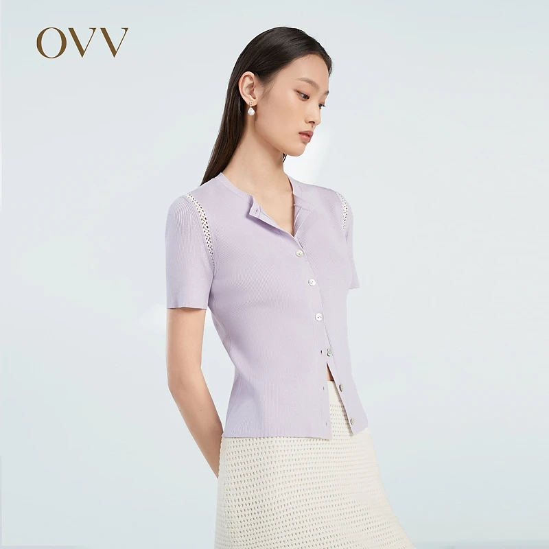 OVV春夏热卖女装醋酸棉质混纺圆领织带短袖针织衫GNZBJ13019A