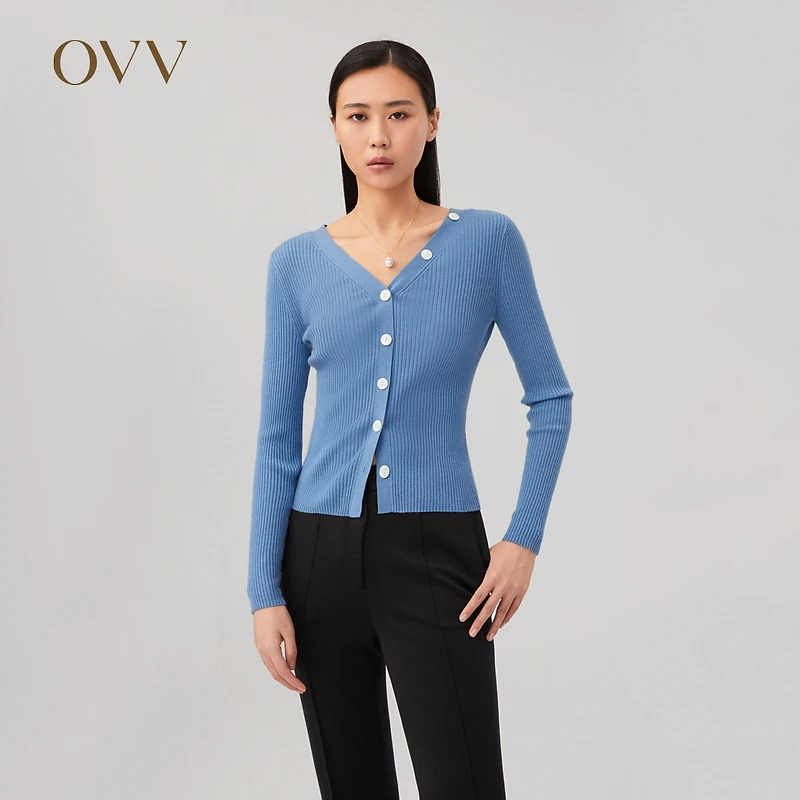OVV秋冬新款女装V领罗纹基础修身休闲长袖针织衫
