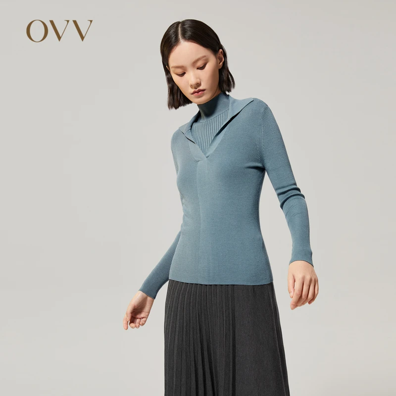 【黄金羊毛】OVV秋冬新款女装POLO领长袖羊毛针织衫GNZAJ32110A