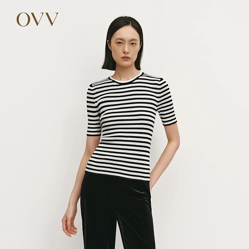 OVV秋冬新女装丝棉混纺清爽条纹经典圆领短袖针织衫GNZBJ34110A