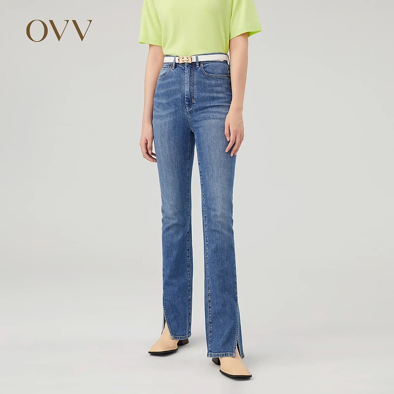 OVV秋冬新款女装意大利进口面料高腰修身开衩牛仔喇叭裤