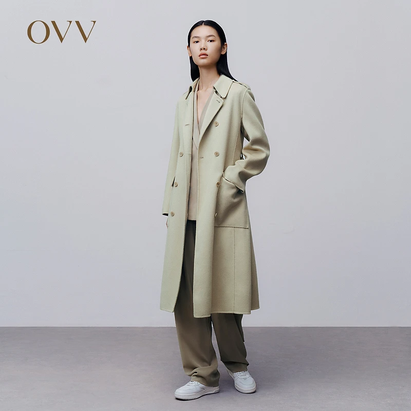OVV秋冬热卖新款女装双排扣随附腰带工装风羊毛大衣GWDAJ42118A