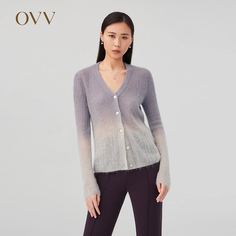 OVV秋冬新款女装吊染工艺马海毛混纺优雅渐变印花针织开衫外套