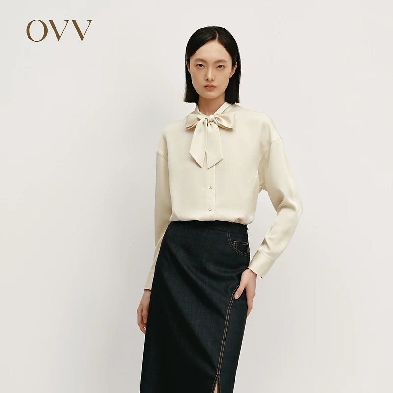 OVV秋冬新款女装醋酸混纺优雅飘带长袖休闲衬衫GNEAJ34102A