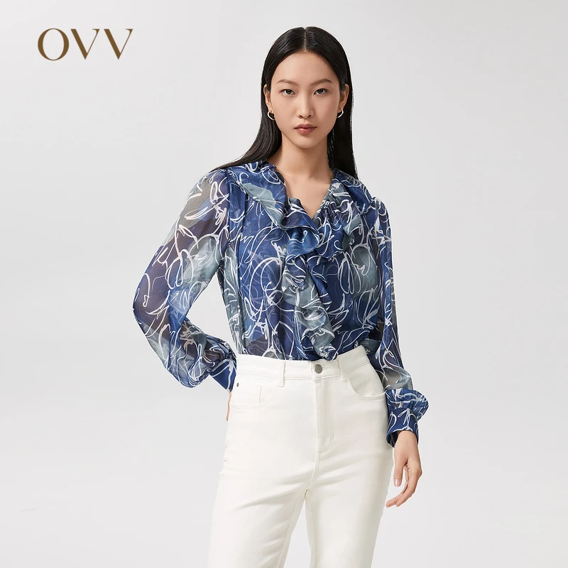 【郁金香印花】OVV春夏新款女装雪纺荷叶边泡泡袖衬衫GNEAJ12008A
