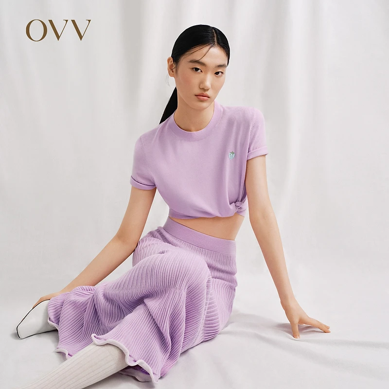 【可机洗黄金羊毛】OVV秋冬新款女装草莓刺绣短袖针织衫