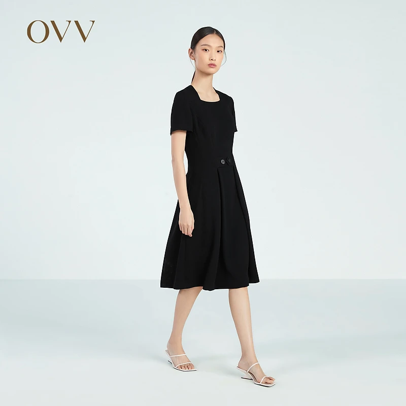 OVV春夏热卖女装十字纹醋酸复古方领短袖连衣裙GQLBJ23002A