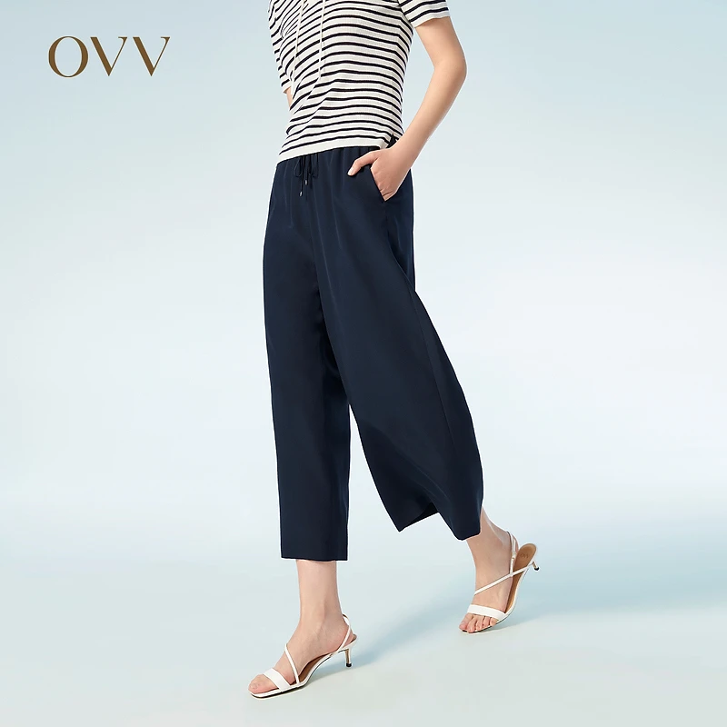 OVV春夏热卖女装舒适18MM双绉抽绳松紧腰休闲时尚阔腿九分裤