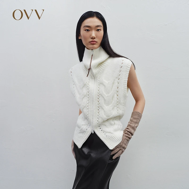 OVV秋冬新款女装粗针立体绞花翻领手工感休闲针织背心