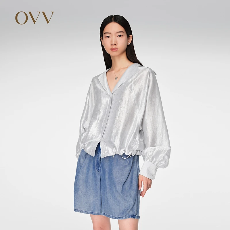 OVV春夏热卖女装翻领插肩袖抽绳休闲长袖衬衫GNEAJ14006A
