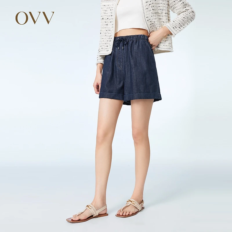 【百搭A字】OVV春夏热卖女装抽绳松紧腰翻边牛仔短裤GKSCJ23008A