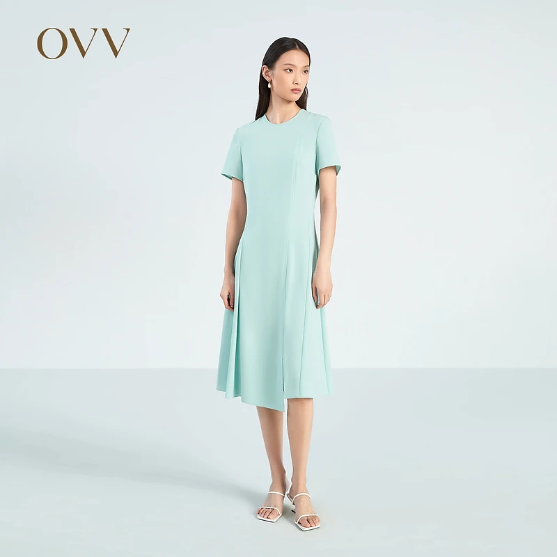 OVV春夏热卖女装单面缎三醋酸圆领A字短袖连衣裙GQLBJ23003A