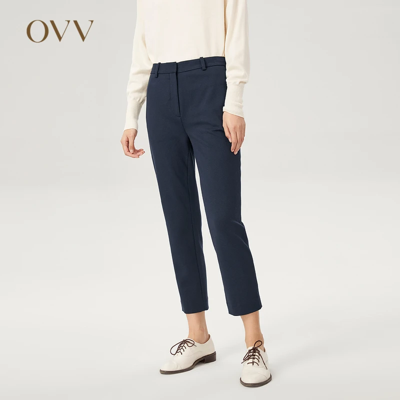 OVV秋冬女士新款暗纹直筒基础弹力时尚针织休闲九分裤GKCAJ31117A
