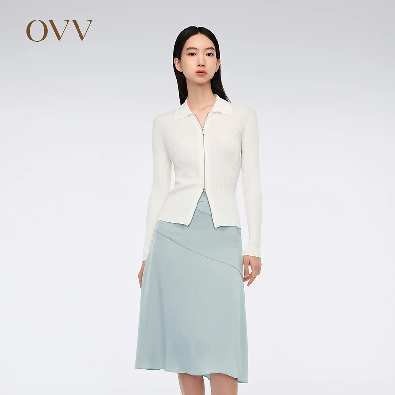 OVV春夏热卖女装简约翻领双头拉链罗纹针织开衫外套