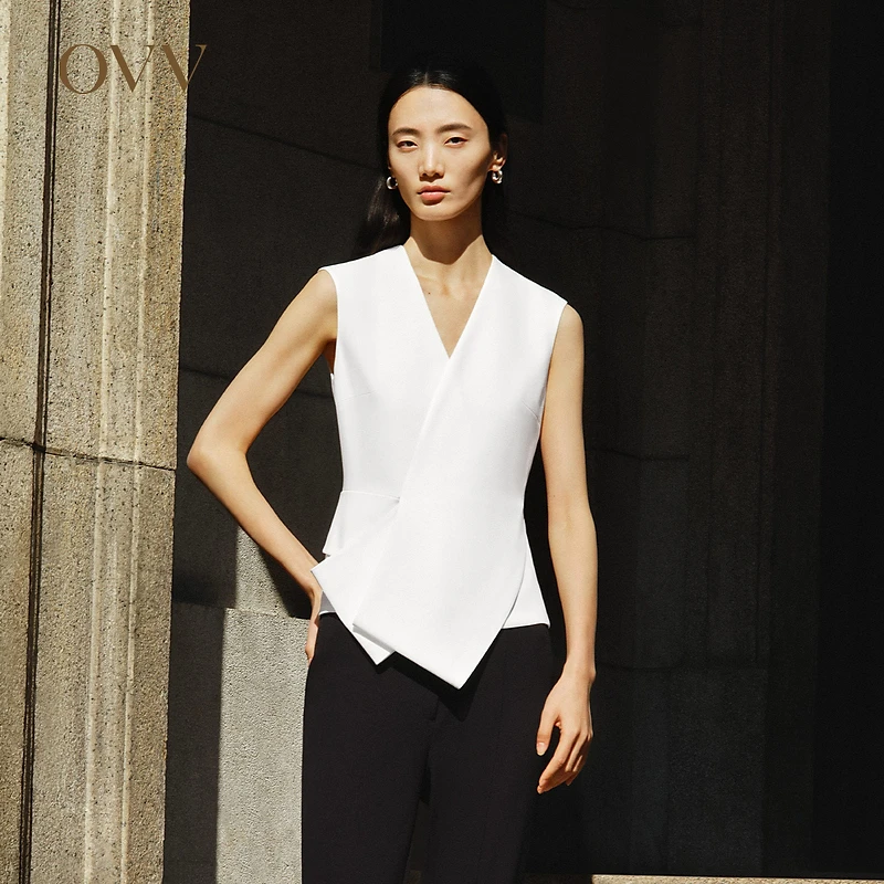 OVV春夏新款女装乱麻醋酸交叉门襟混纺V领无袖背心GNSCJ24001A