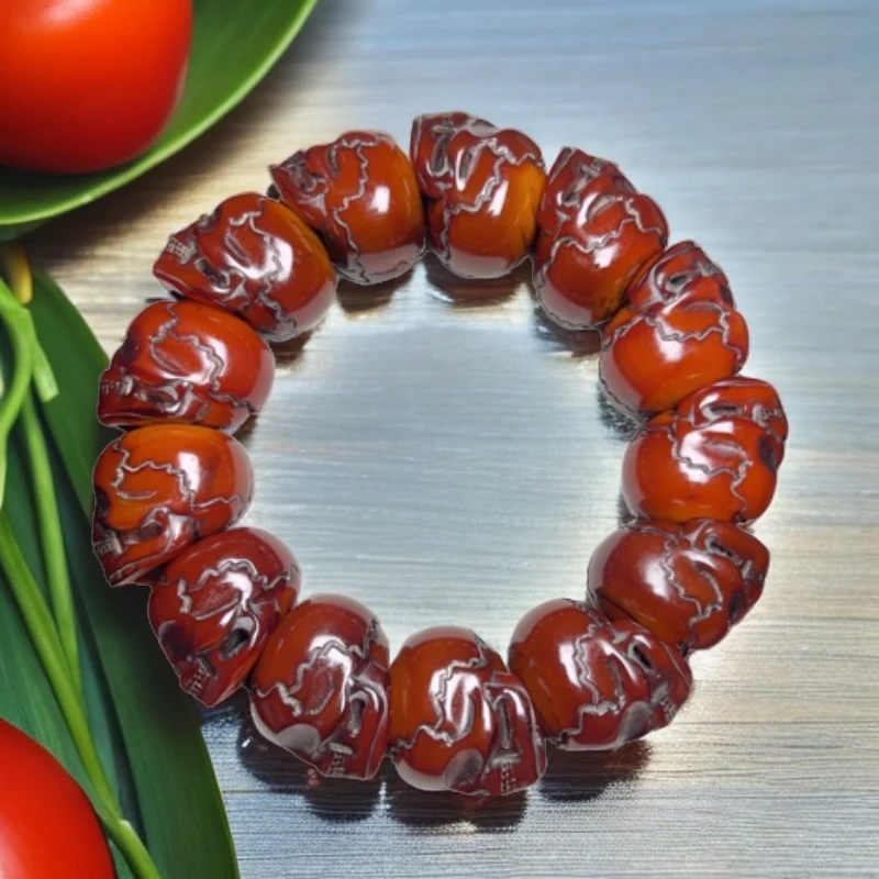 非金属珐琅手链 纯天然西藏红牦牛角手工雕刻骷髅头手串单圈时尚