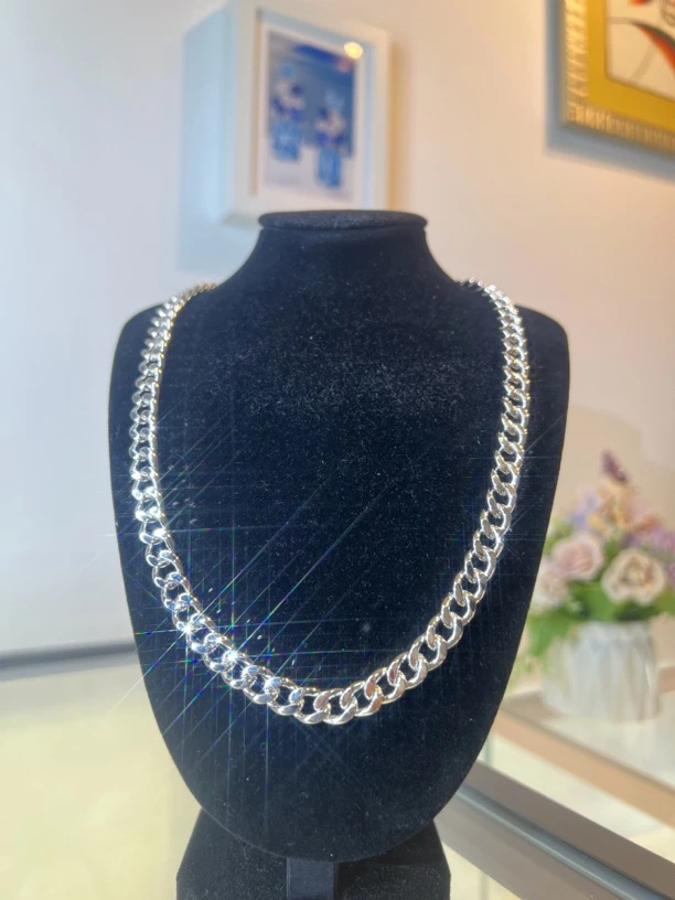 链子925银 男士古巴侧身链纯白金色实心加厚镀18k金时尚轻奢颈链