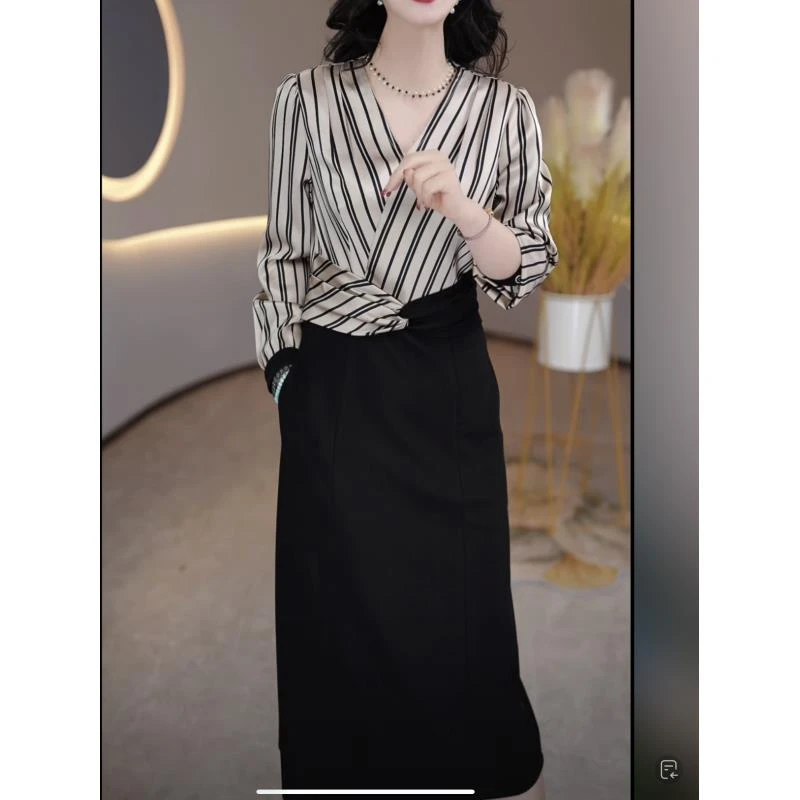 2024秋季新款条纹时尚气质减龄显瘦洋气收腰假两件连衣裙女M-5XL