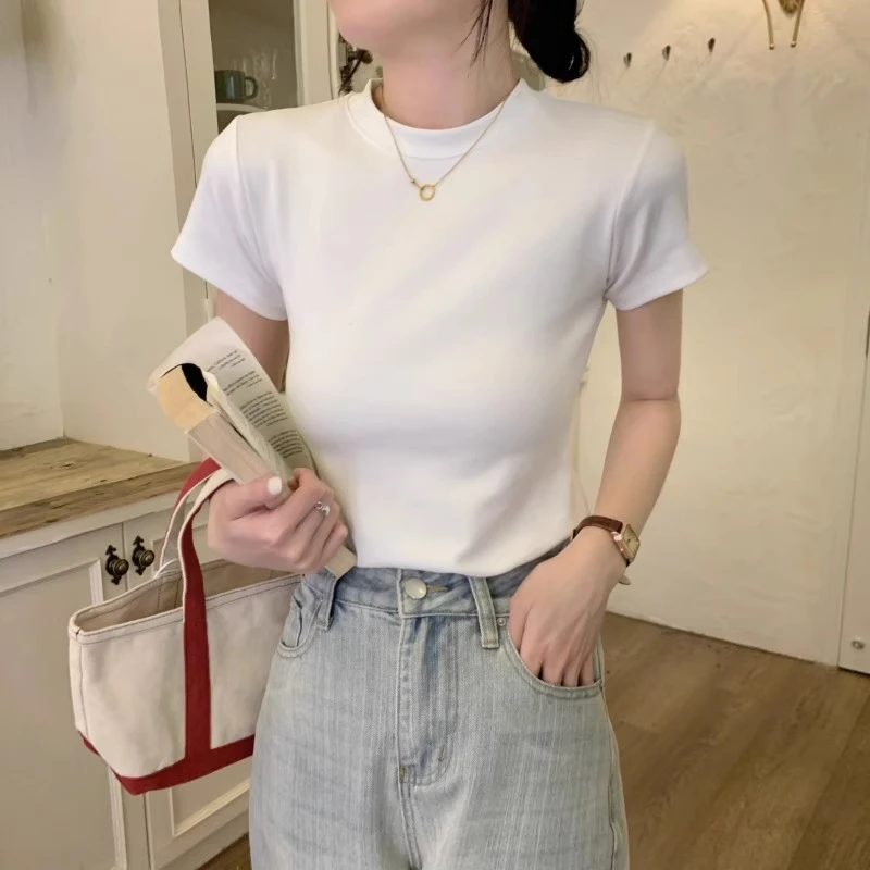 短袖T恤女2024新款修身显瘦体恤纯色百搭休闲打底上衣内搭小衫女