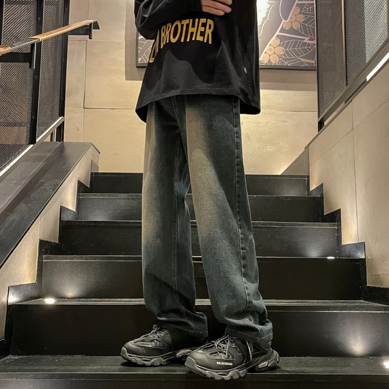 美式高街复古牛仔裤男秋冬季潮流直筒阔腿裤高级感潮牌hiphop裤子