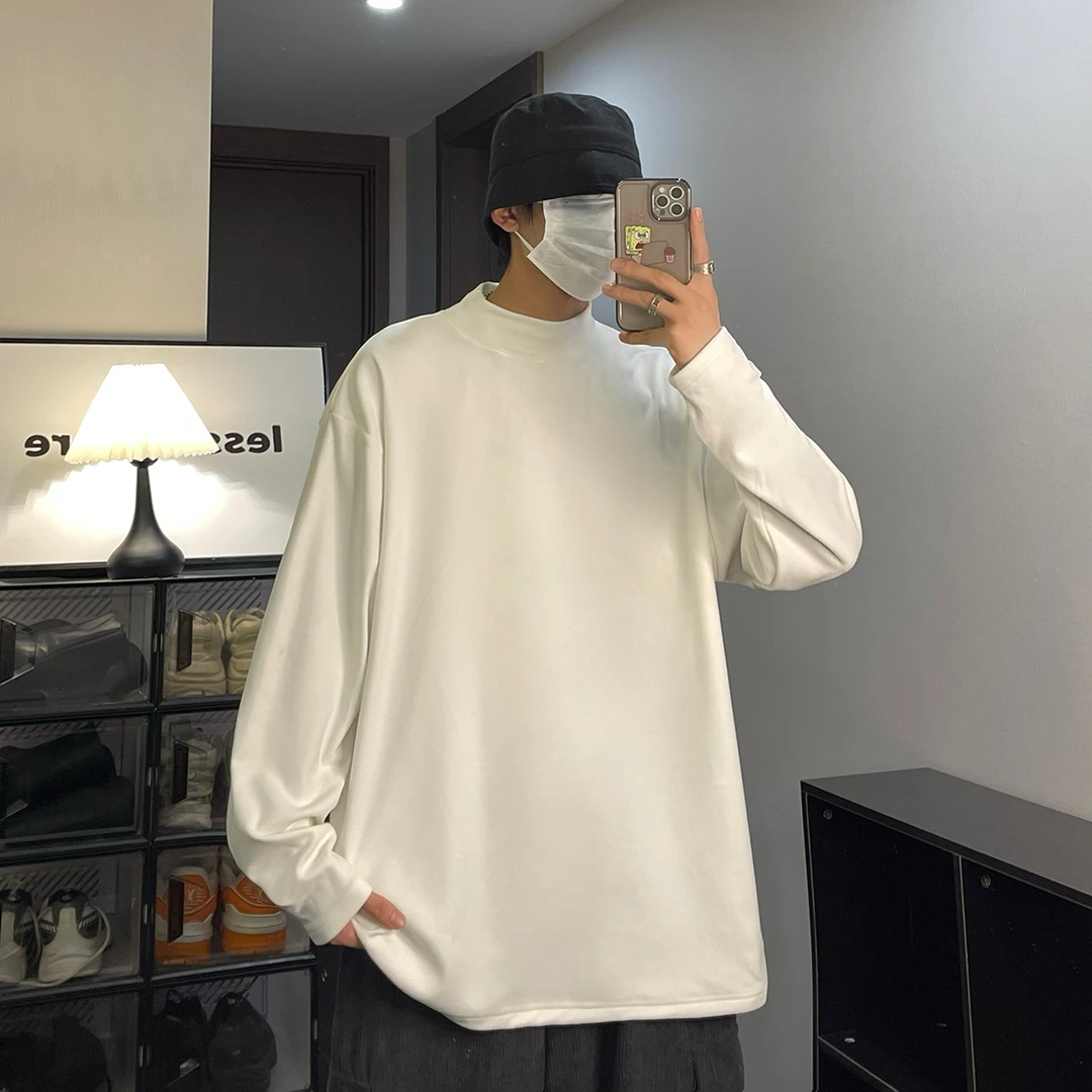 德绒半高领长袖t恤男士款秋冬情侣上衣韩版潮流纯色休闲内搭情侣