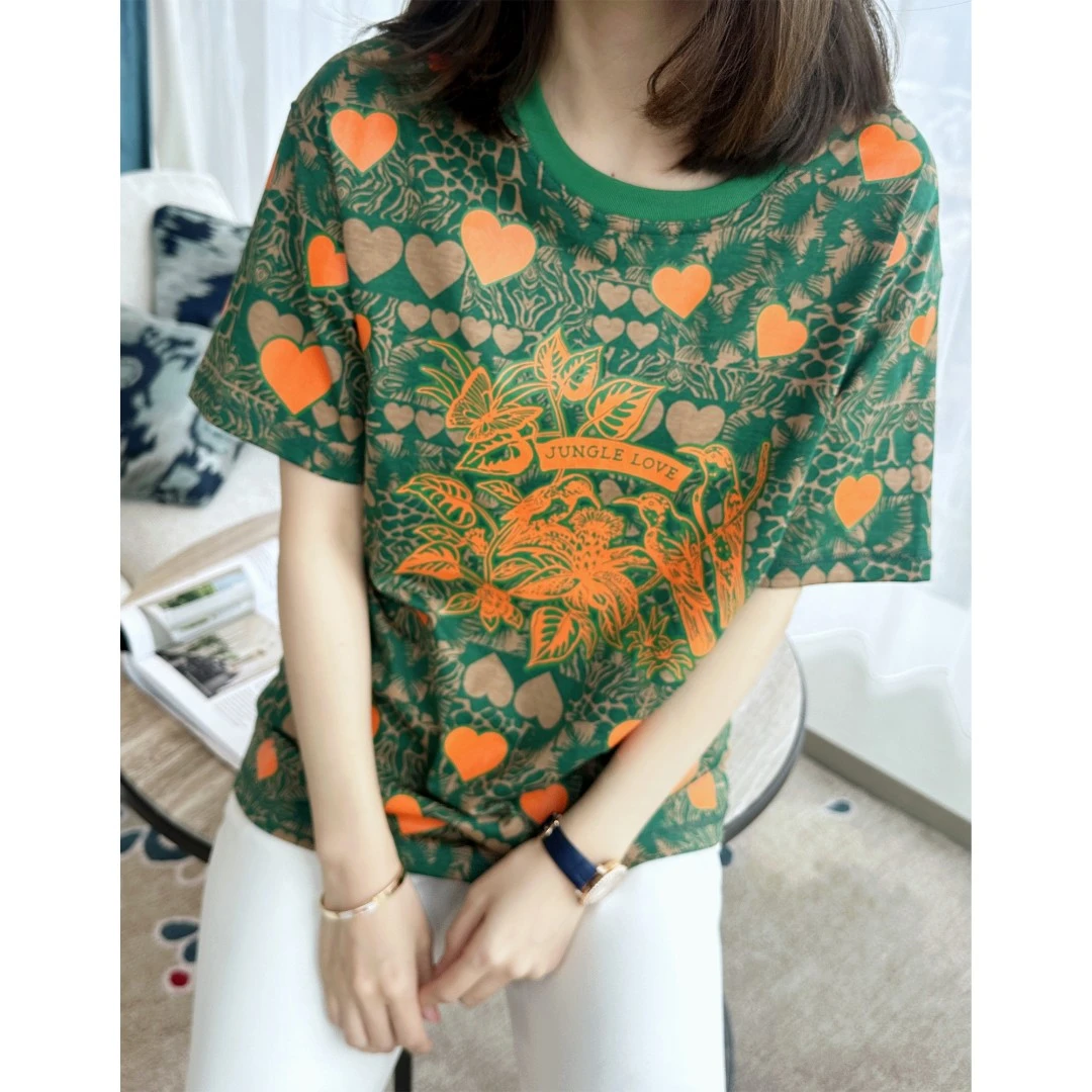 旦旦H家夏季新款百搭时尚潮流俏皮爱心印花圆领短袖上衣OY11001