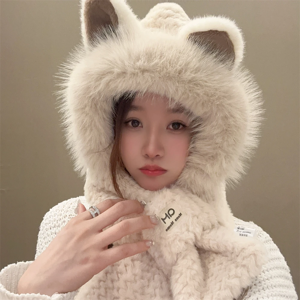 狐L帽子围巾一体女秋冬天骑行防寒保暖护耳可爱毛绒百搭秋冬季帽