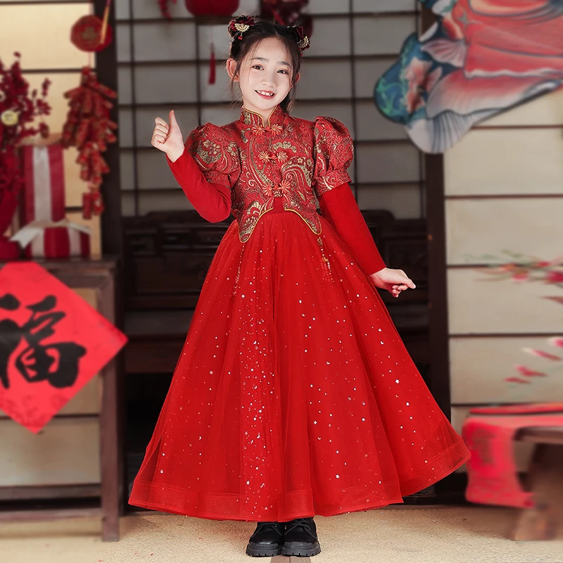 7811汉服女童加绒衣服儿童旗袍唐装古风新年女宝宝连衣裙子