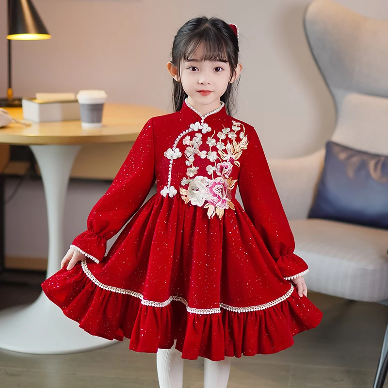 F239女童加绒连衣裙秋冬款新款冬季女宝宝拜年服儿童冬装公主裙子