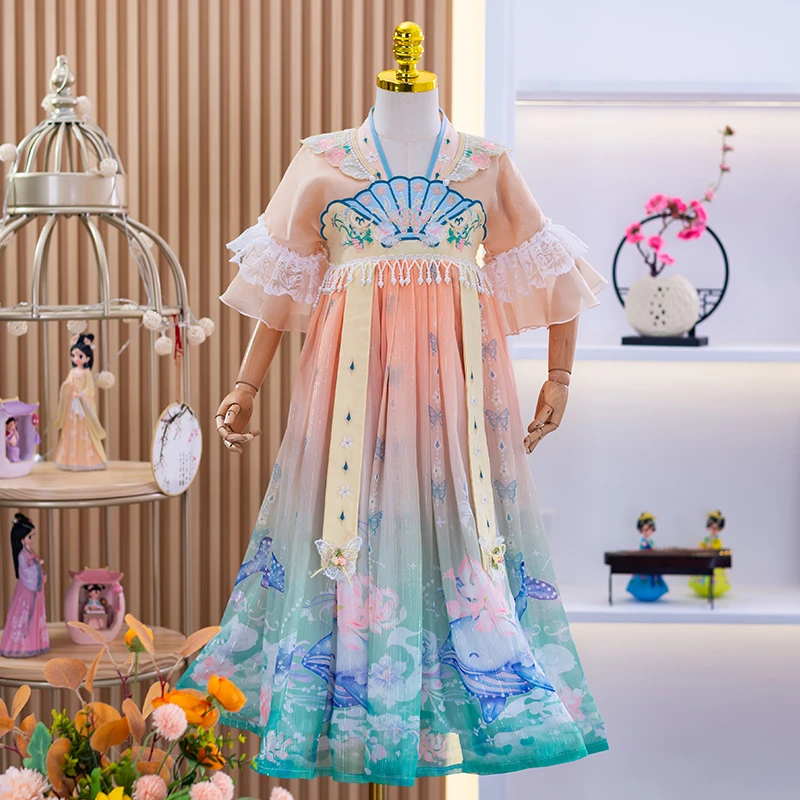 9999汉服女童汉服小女孩新款中国风薄款春款儿童装古风唐装连衣裙