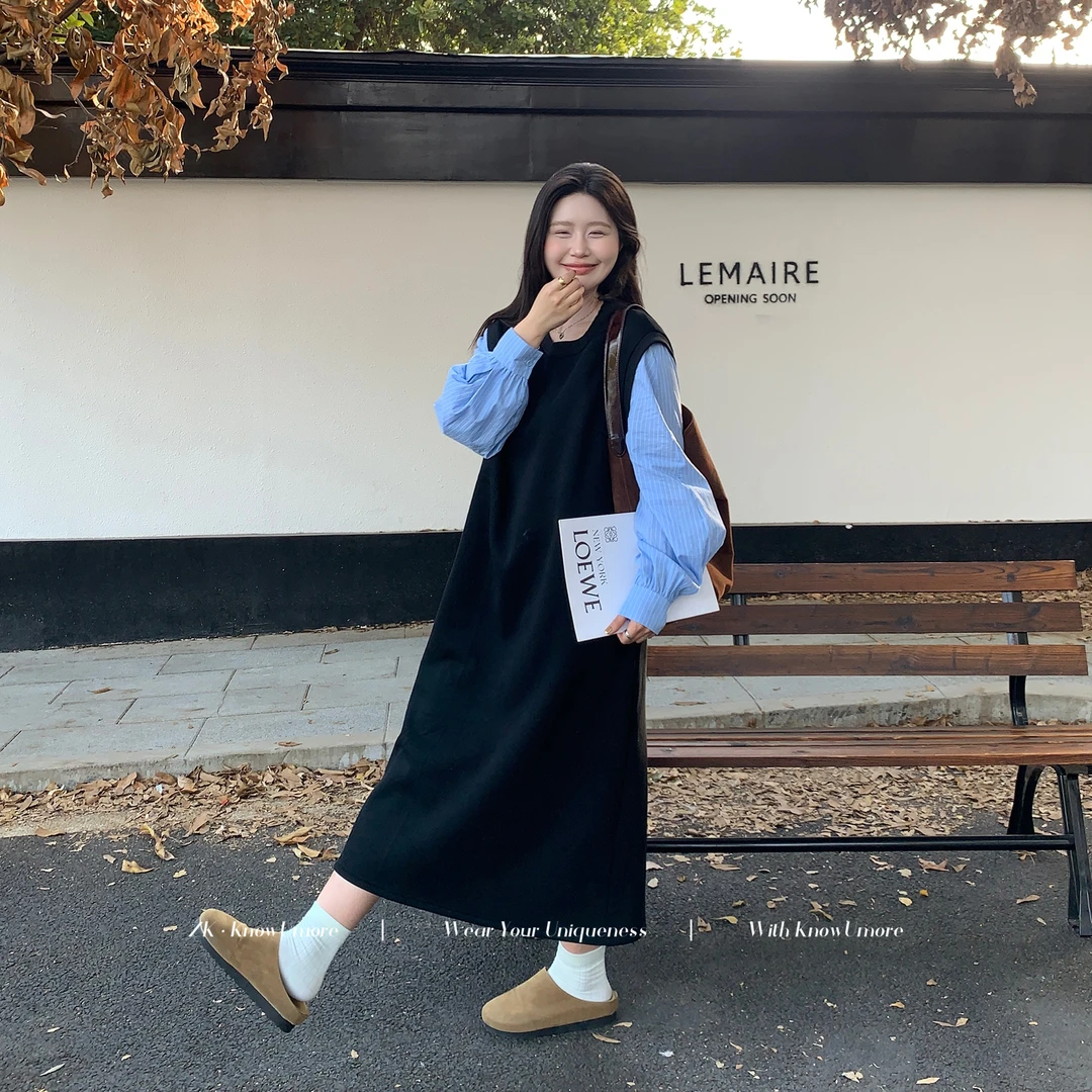 知葵微胖定制【舒适圈】韩系假两件拼接衬衫袖连衣裙12244L6291