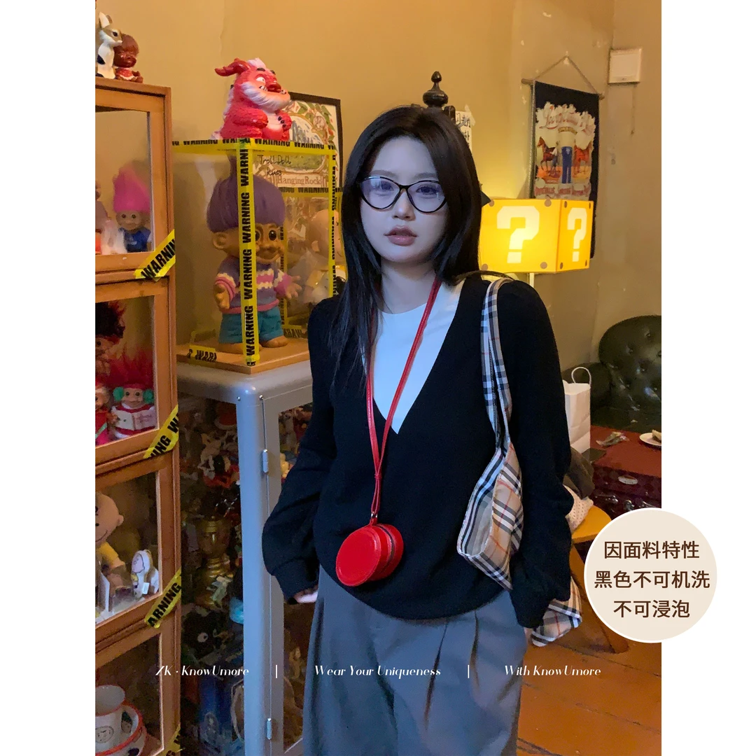 知葵微胖定制【修容上衣】韩系宽松假两件拼接上衣女12244MZS3814