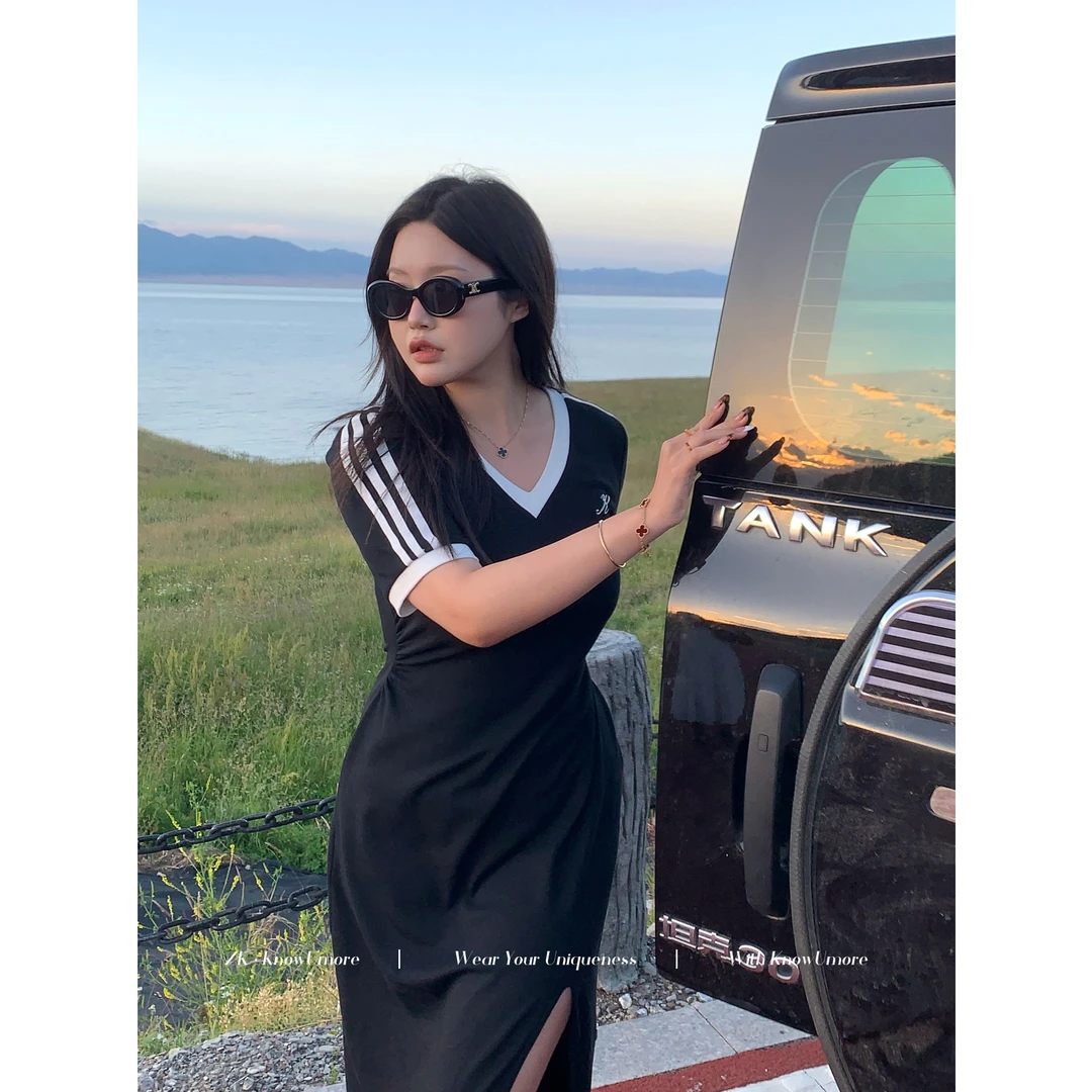 知葵微胖定制【纸片人秘籍】初秋显瘦百搭收腰开叉连衣裙12242L7505