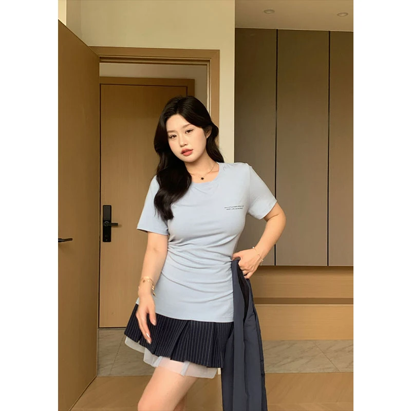知葵微胖定制【夏日白兰】夏日韩系简约气质感显瘦T恤12242T4711