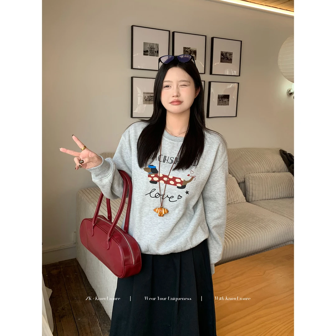 知葵微胖定制【波点小狗】秋季宽松百搭印花小狗卫衣12243W8386