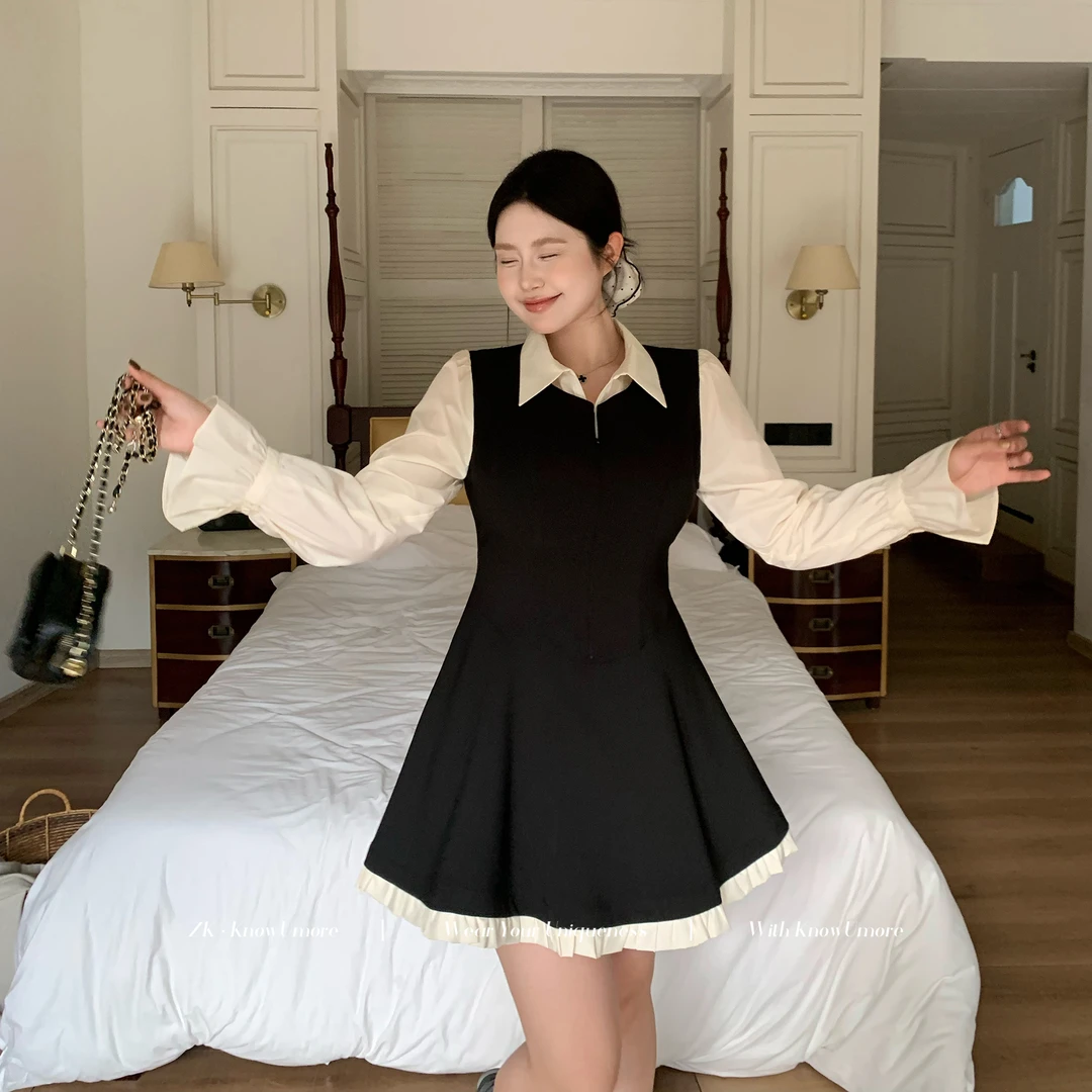 知葵微胖定制【耶鲁甜心】学院风假两件拼接显瘦连衣裙12242L3363