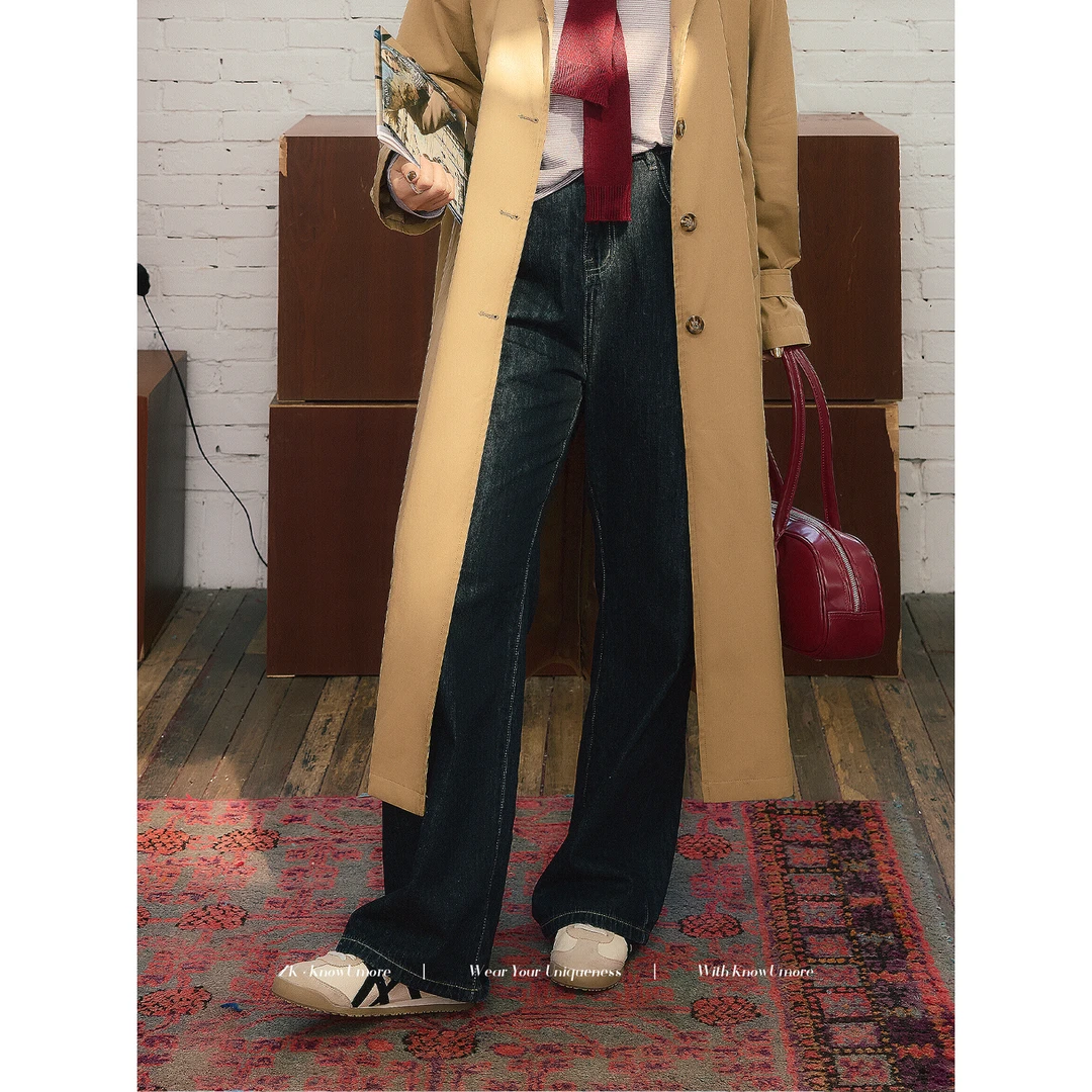 知葵微胖定制【人间腿精】慵懒宽松深蓝阔腿直筒牛仔裤12242N6798