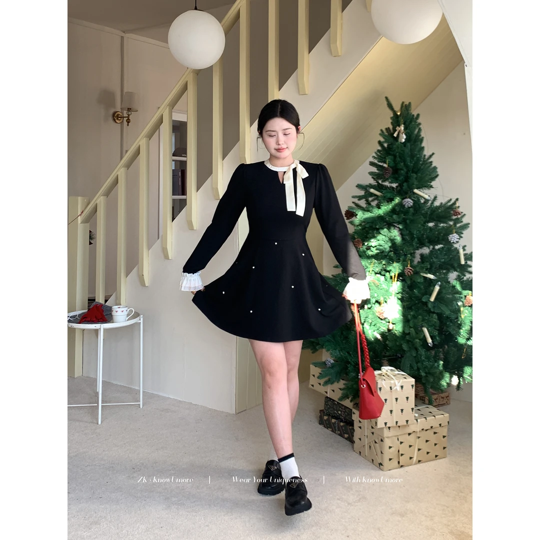 知葵微胖定制【黎明之月】秋冬富家千金连衣裙赫本小黑裙12243L2734