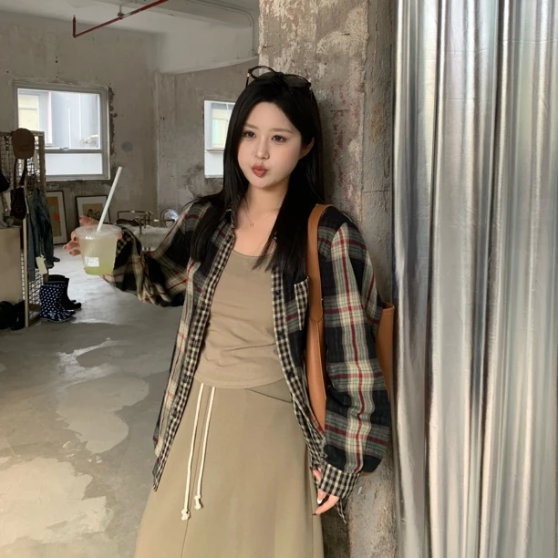 知葵微胖定制【私服格纹衬衫】早秋百搭格纹显瘦衬衫12242CS7061