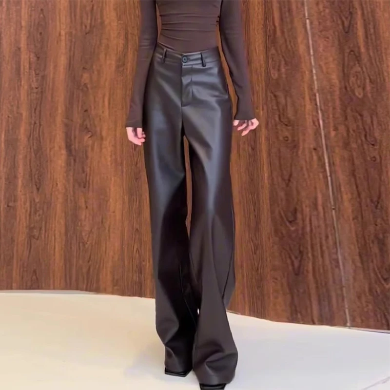 棕/黑皮裤阔腿裤子女2024春秋季宽松垂感工装网红同休闲直筒长裤