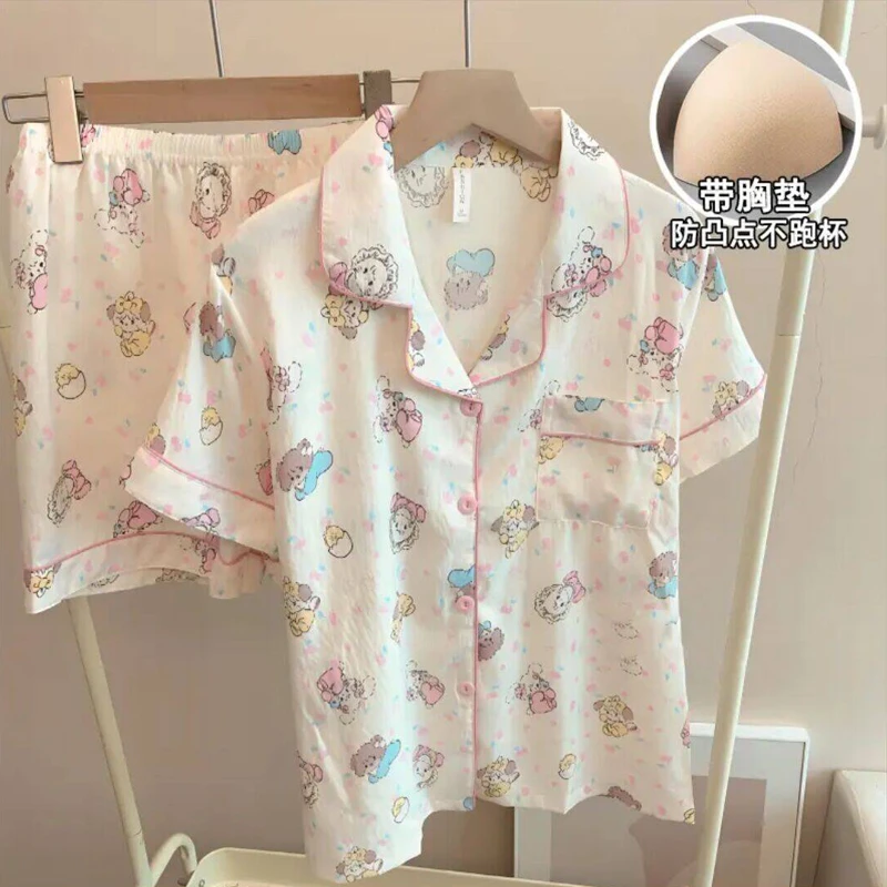 带胸垫睡衣女生夏季短袖2025年新款甜美可爱爆款可外穿家居服套装