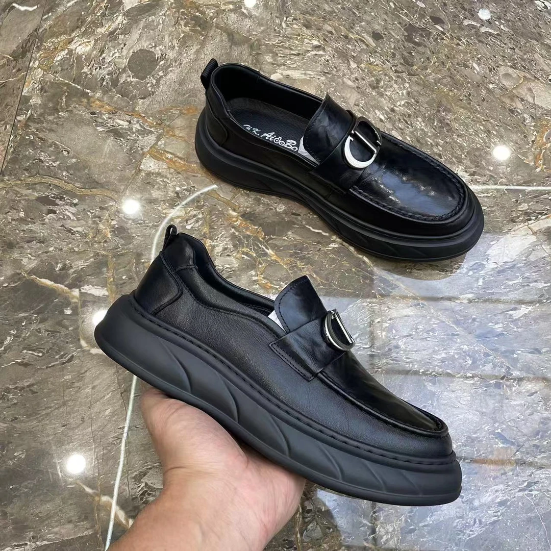 广州英伦真皮舒适透气黑色四季英伦简约超轻男士休闲豆豆皮鞋3296