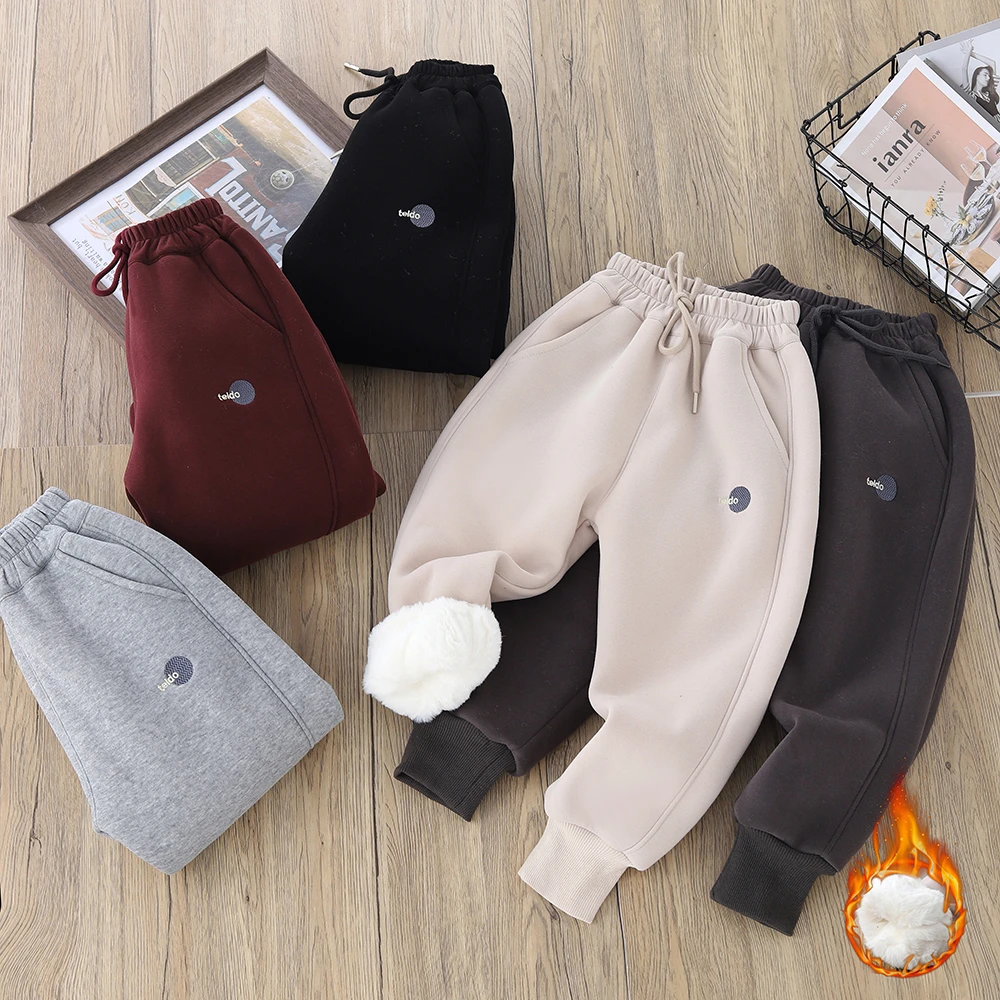 童装卫裤2024新款冬季加绒加厚仿兔毛保暖休闲刺绣卫裤中大童百搭