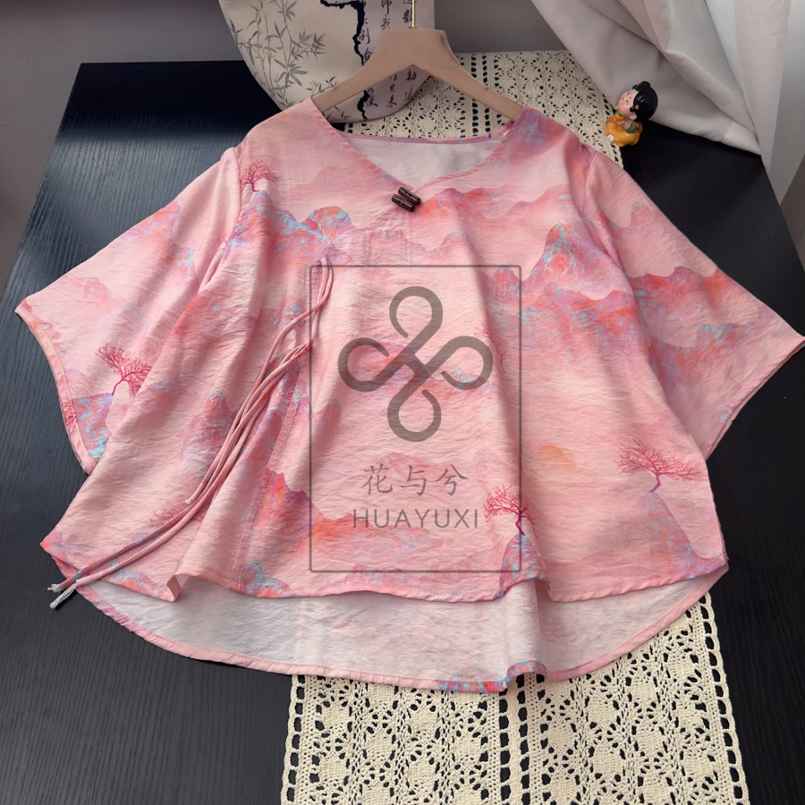 新中式改良国风禅意斜襟印花小衫系胸围110衣长60