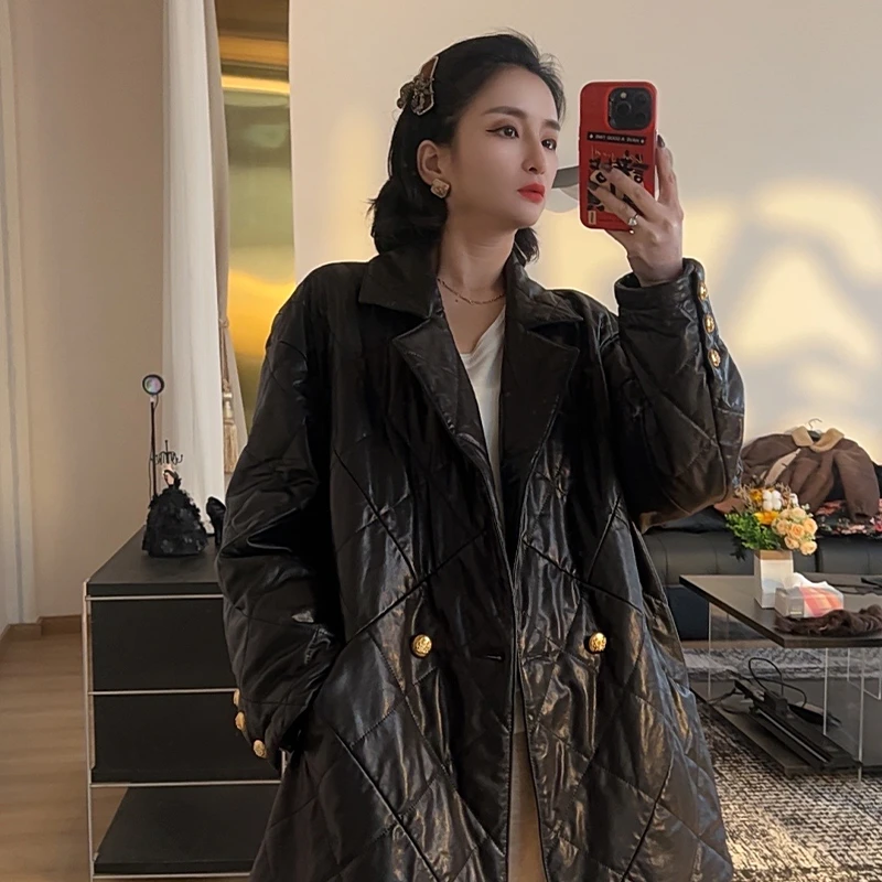 千金 超薄全植鞣绵羊皮菱形绗线桑蚕丝阔版老钱西装中长款外套女