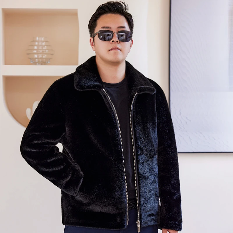 秋冬貂绒简约休闲加厚黑色外套大码男士短款时尚保暖翻领立领冬季